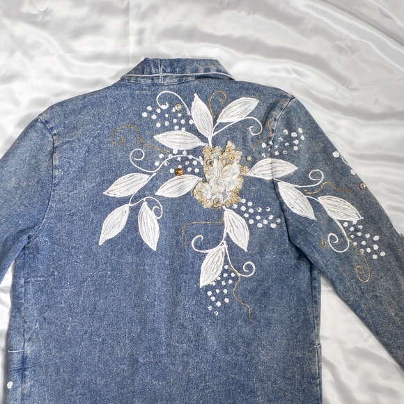 Unique VTG 80s Painted Bejeweled Blue Denim Jacket M L Lace Tuesdays Gift - Picture 13 of 15